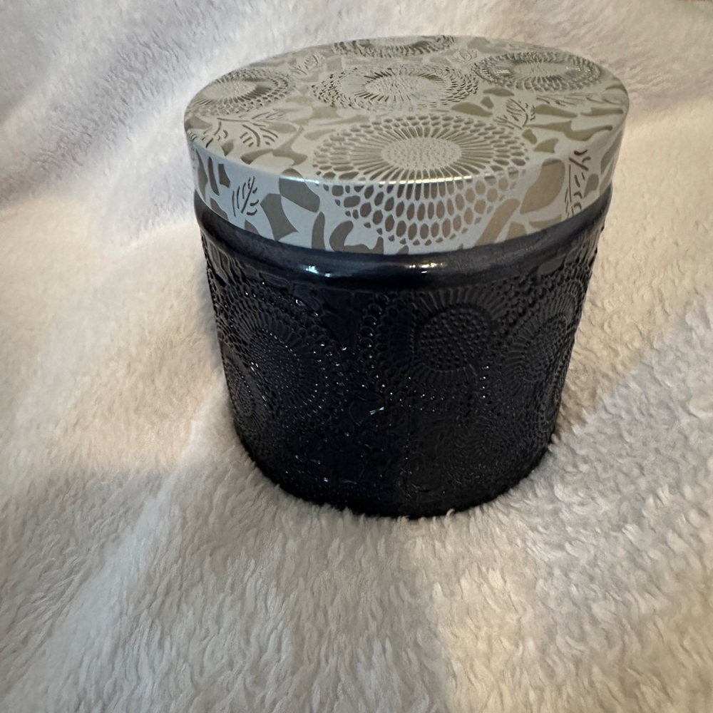Elegant Navy Embossed Jar with Floral Lid